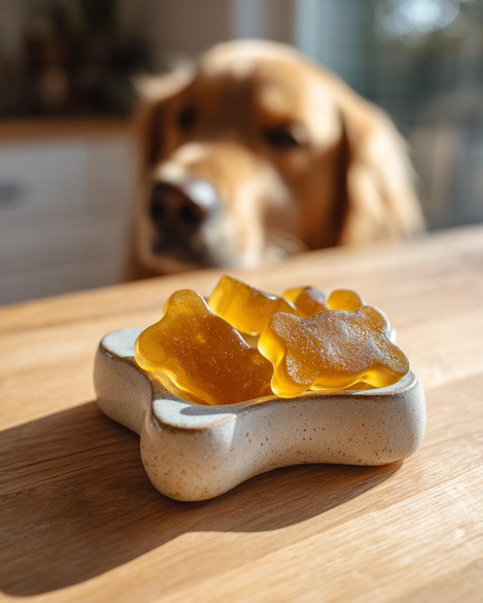 Golden retriever dog looking eagerly at bone-shaped Ginger Bone Broth Tummy-Soothing Gummies.