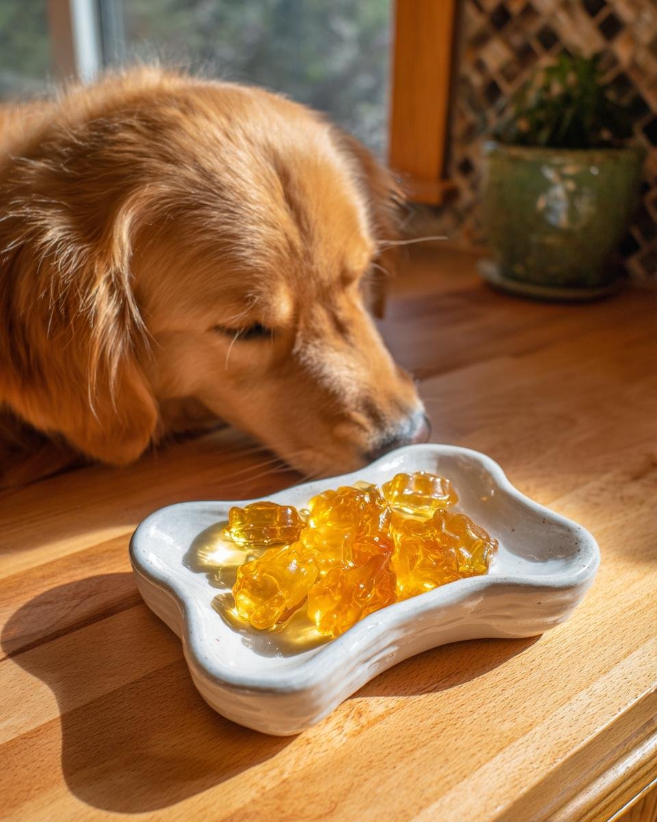 A golden retriever dog leans in to sniff amber-colored Turkey Bone Broth Calming Gummies served in a small white bone-shaped dish.