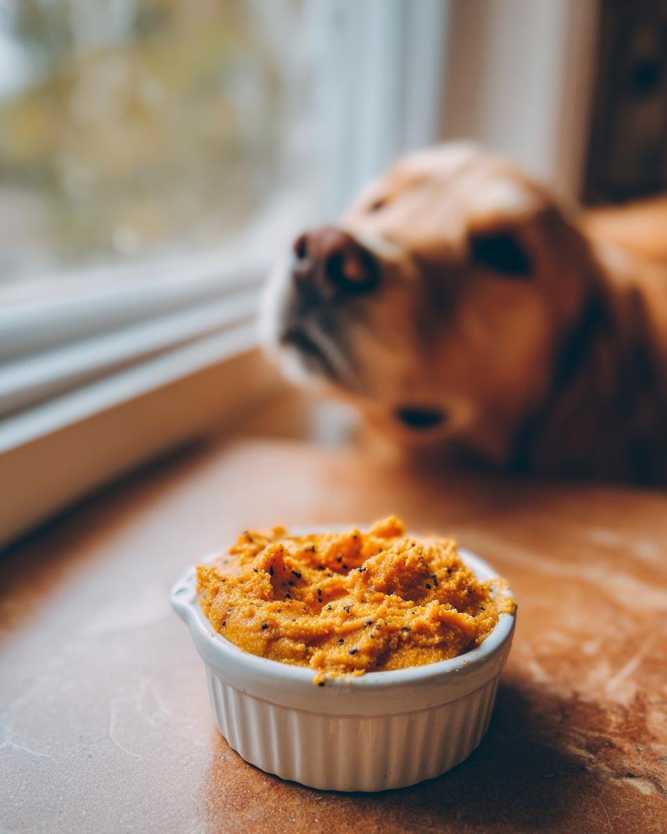 A small white ramekin filled with vibrant golden paste for dogs, with a blurry dog in the background.