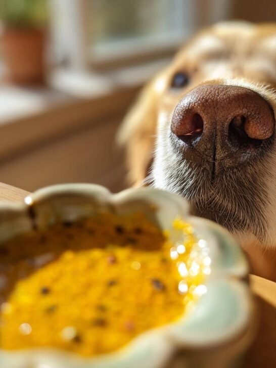 A golden retriever dog curiously sniffs a bowl of golden paste, ready to try it.