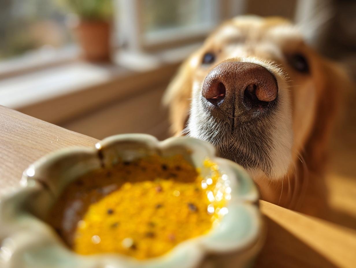 A golden retriever dog curiously sniffs a bowl of golden paste, ready to try it.