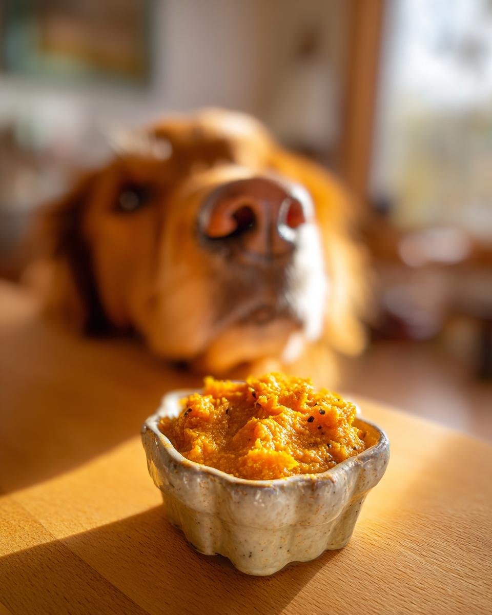 A small bowl of golden paste for dogs sits on a wooden surface, with a golden retriever's nose in the blurred background.