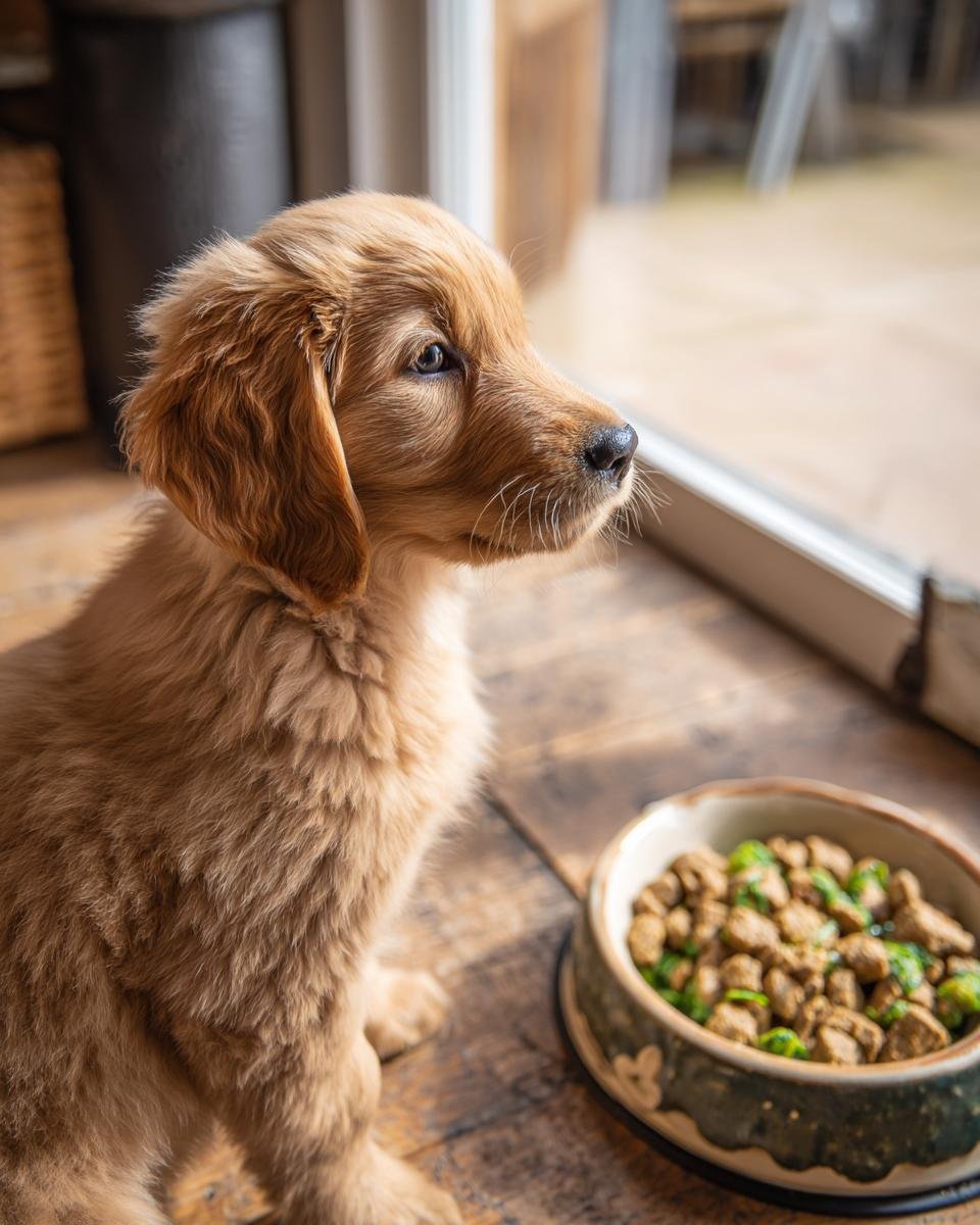 A golden retriever puppy sits next to a bowl of Homemade Chicken and Spinach Joint Support Kibble.