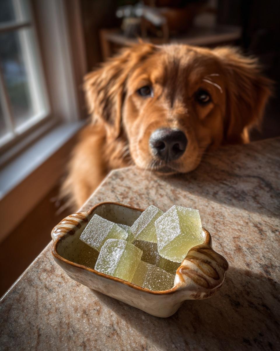 A golden retriever looks longingly at a small dish of green Aloe & Bone Broth Skin Support Gummies for dogs.
