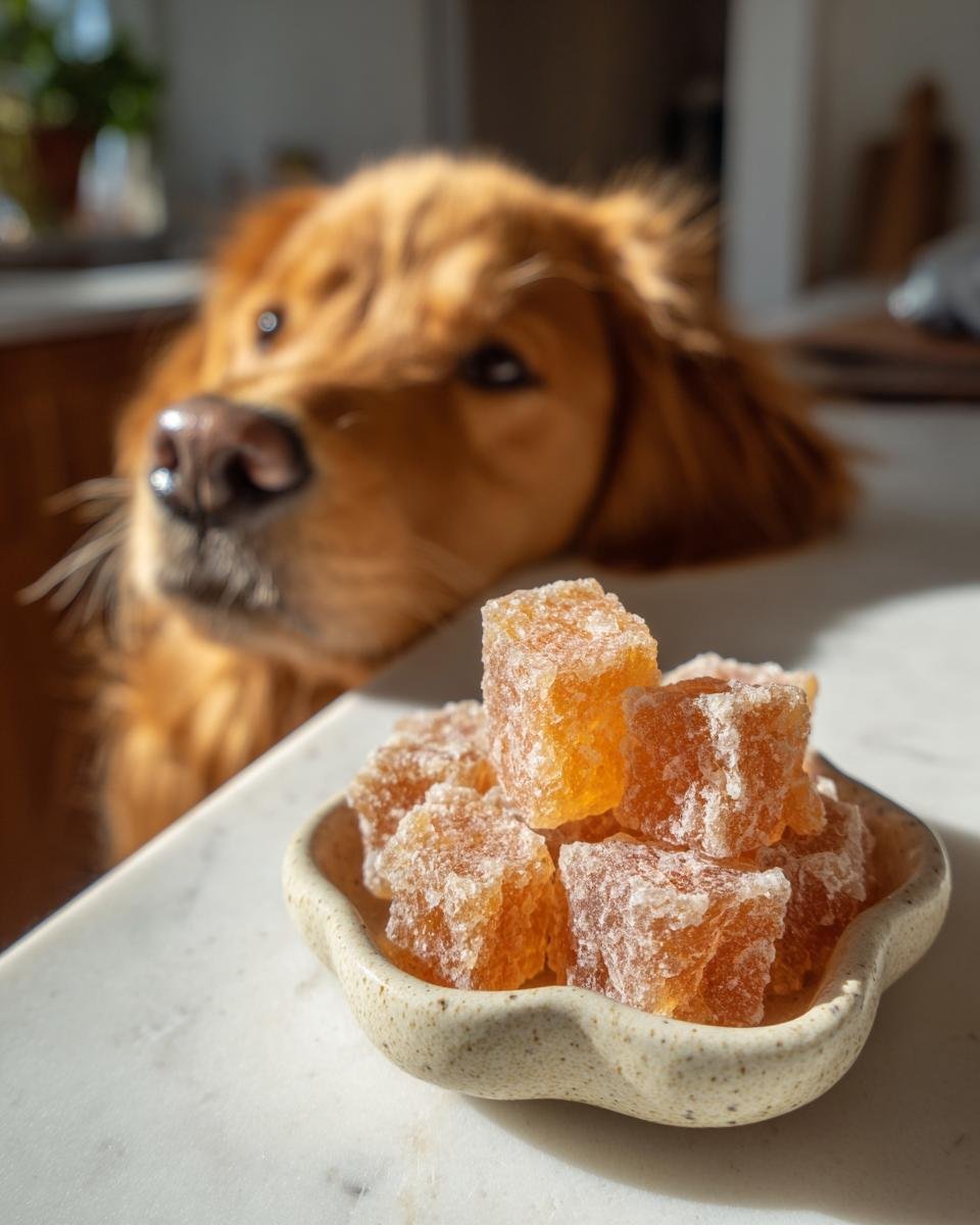 A pile of amber-colored Everyday Bone Broth Gummy Treats for Dogs in a small bowl, with a curious Golden Retriever looking on.