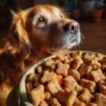 A bowl filled with star-shaped Homemade Salmon and Pumpkin Healthy Coat Kibbles with a Golden Retriever looking eagerly in the background.