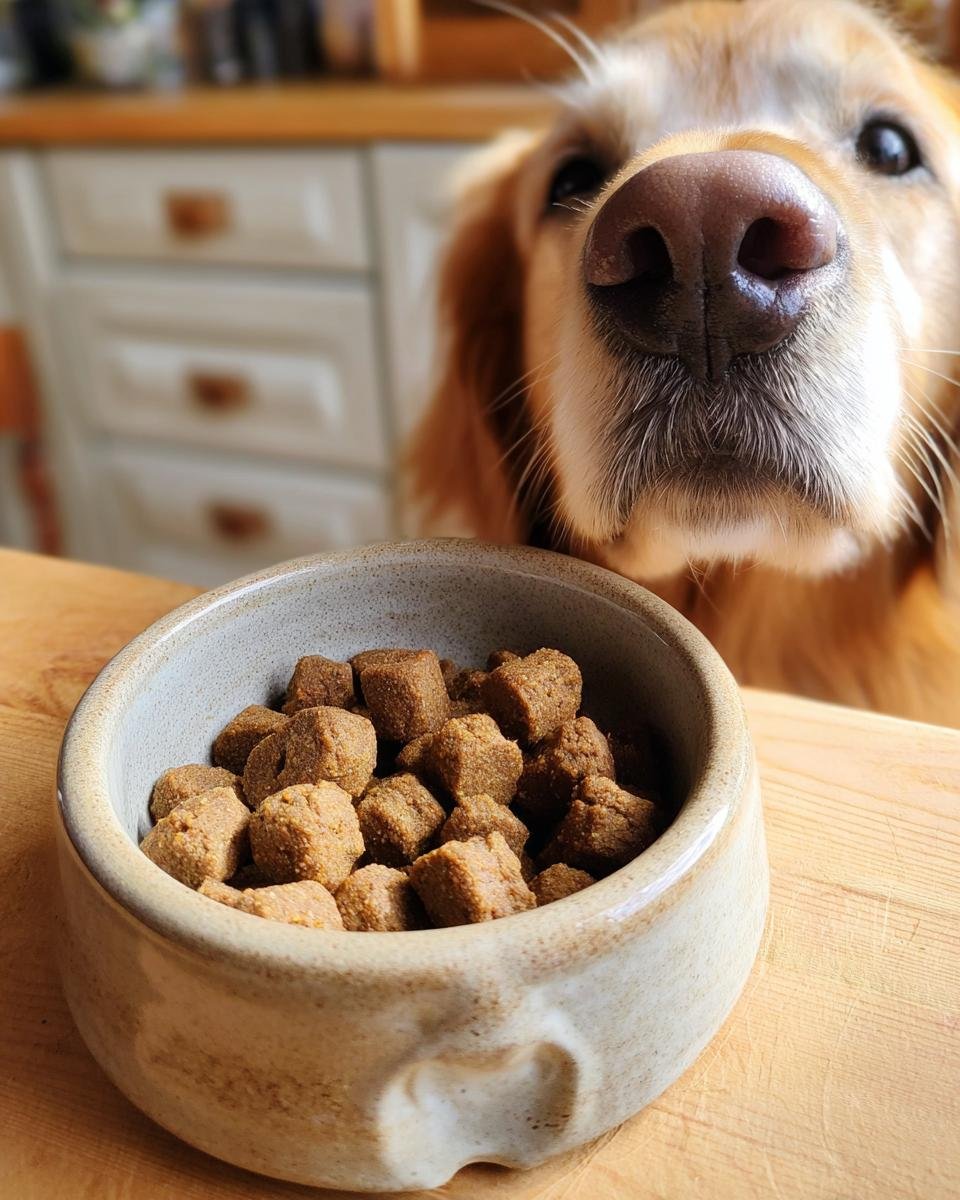 A golden retriever's nose is close to a bowl filled with Homemade Beef and Pumpkin Daily Strength Kibbles.