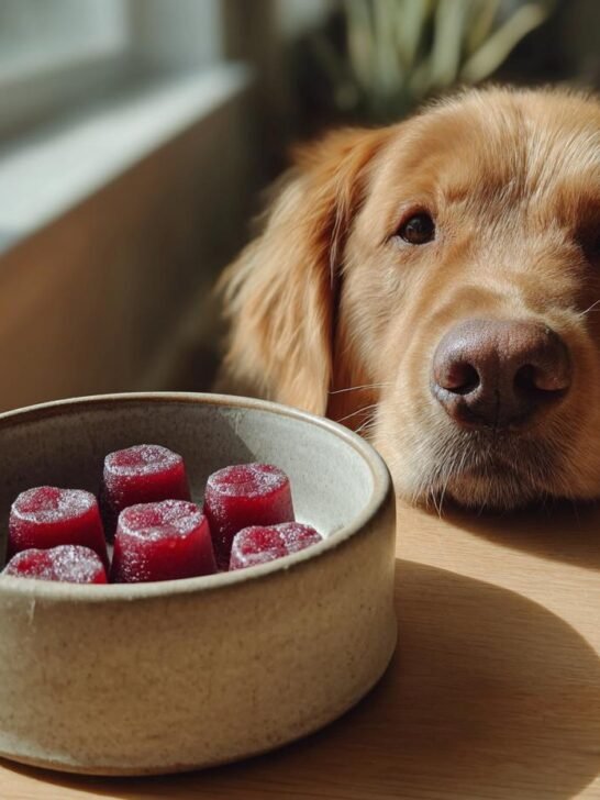 A golden retriever looks intently at a bowl of red Beetroot Bone Broth Circulation Gummies for Dogs.
