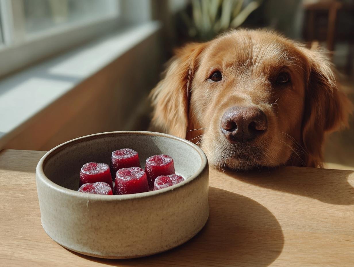 A golden retriever looks intently at a bowl of red Beetroot Bone Broth Circulation Gummies for Dogs.