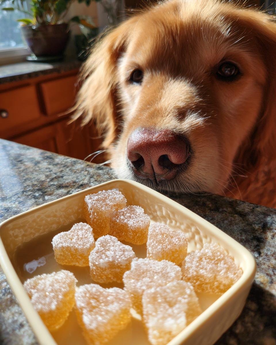 A curious Golden Retriever looks down at a small dish of heart-shaped Homemade Multivitamin Bone Broth Gummies for Dogs.