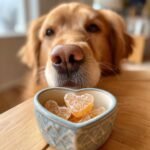 A Golden Retriever leans in to sniff heart-shaped Homemade Multivitamin Bone Broth Gummies in a small blue bowl.