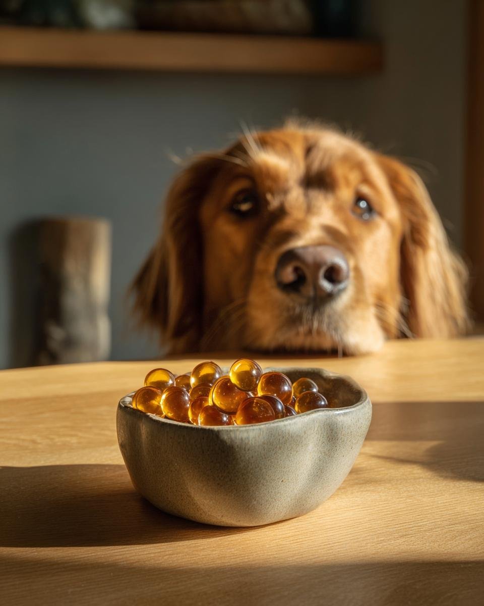 A golden retriever looks eagerly at a small bowl of amber Anti-Aging Bone Broth Gummies for senior dogs.