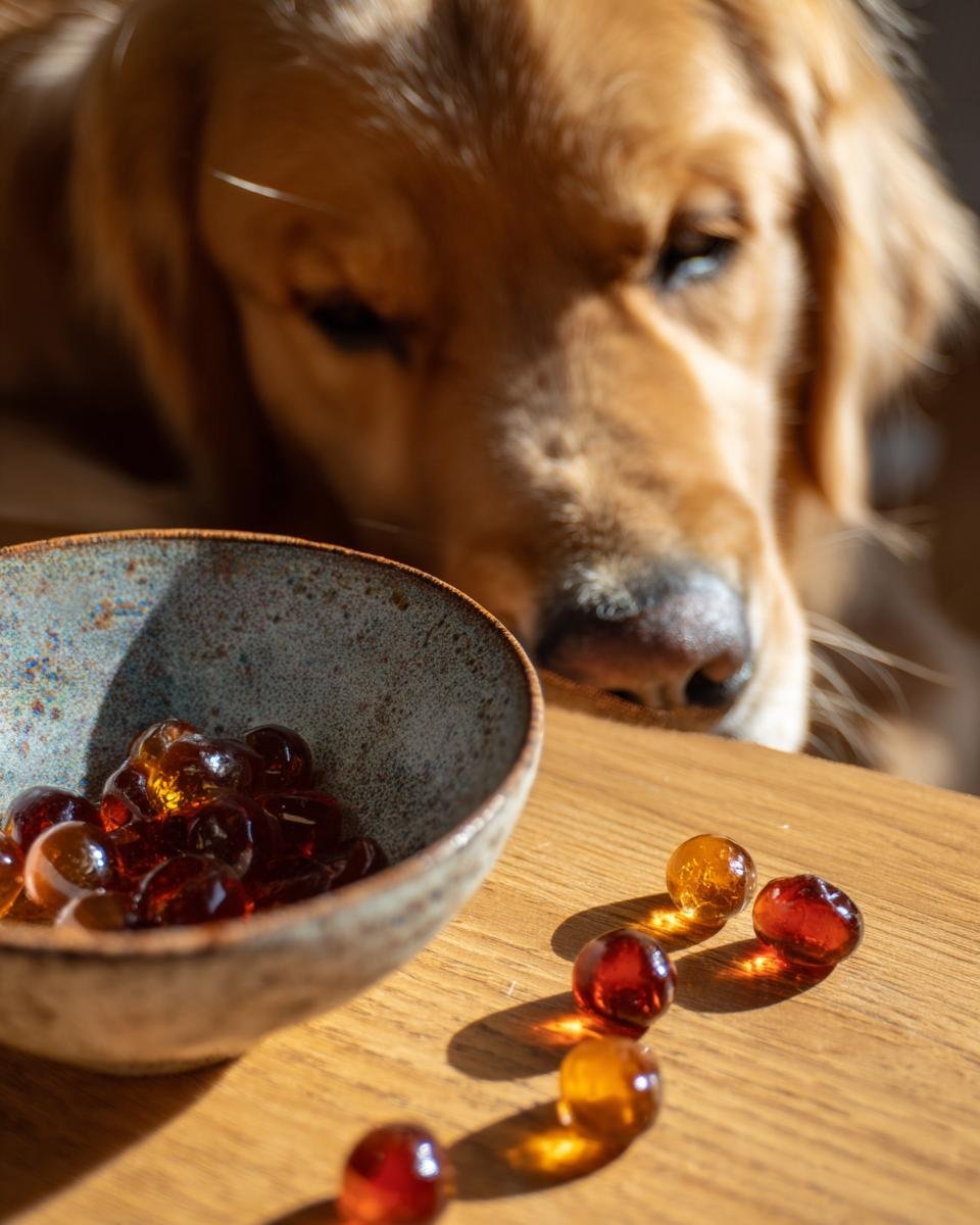 A golden retriever looks intently at a bowl of amber-colored Gentle Stomach Bone Broth Gummies for Dogs.