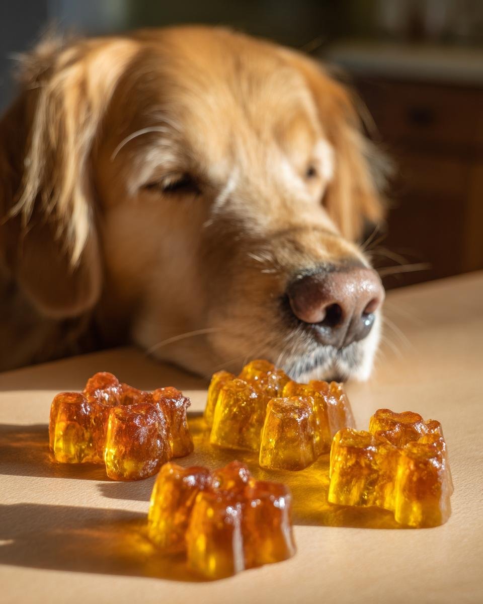 A golden retriever looks intently at several amber-colored High-Collagen Bone Broth Gummy Bones for dogs.