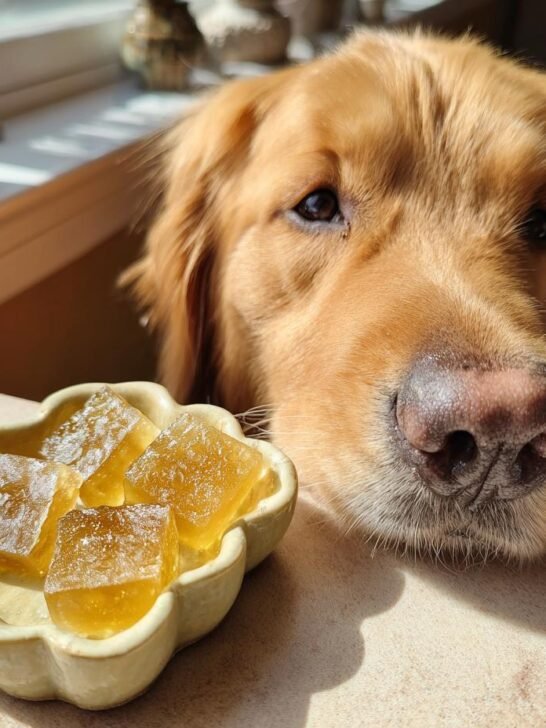 A curious Golden Retriever looks intently at a small dish of amber-colored Aloe & Bone Broth Skin Support Gummies for Dogs.