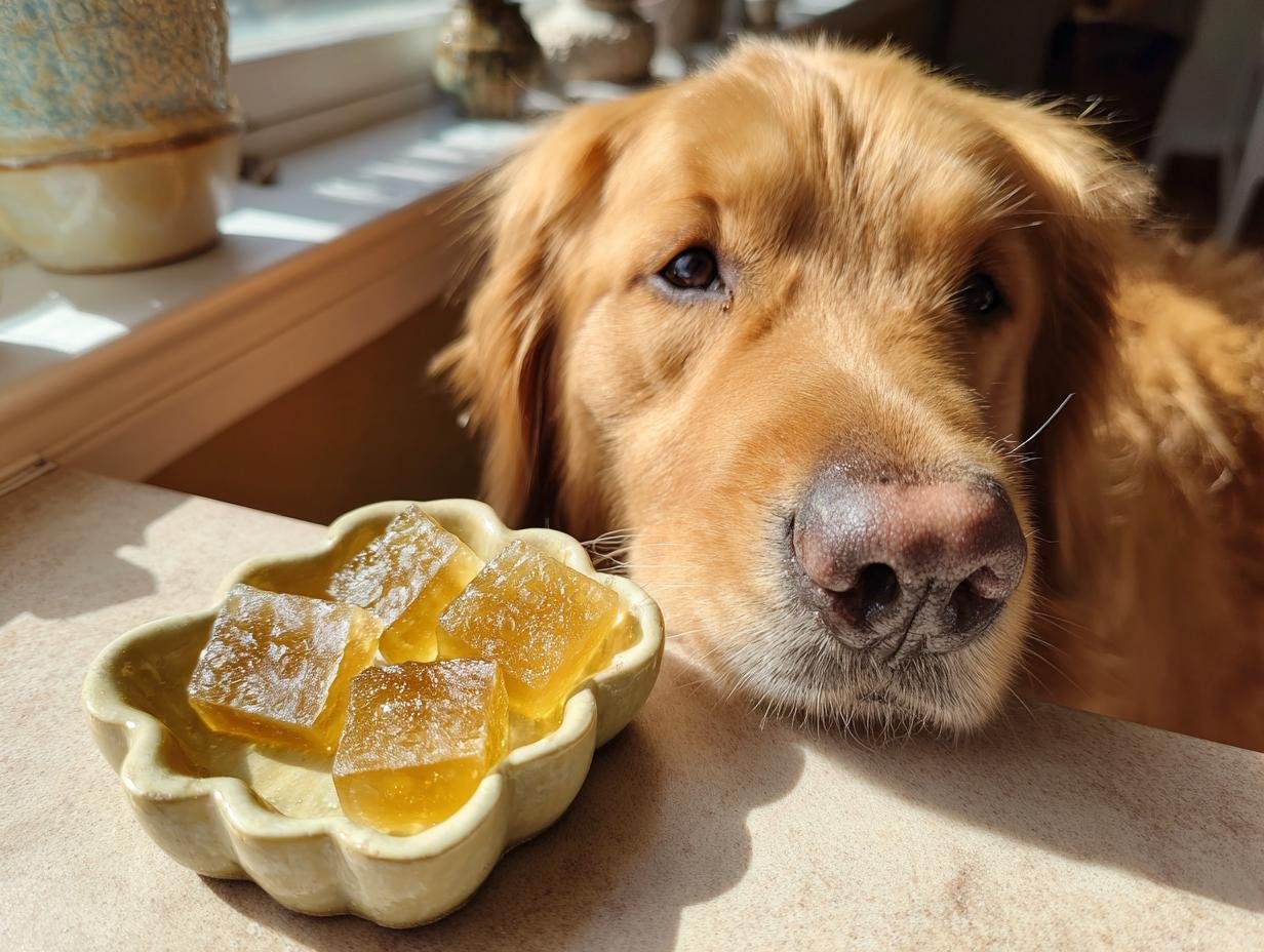 A curious Golden Retriever looks intently at a small dish of amber-colored Aloe & Bone Broth Skin Support Gummies for Dogs.