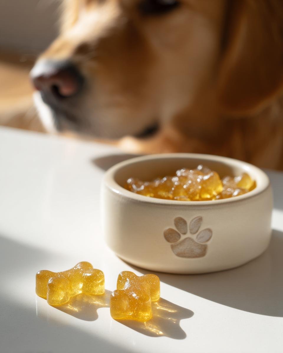 A golden retriever looks intently at a bowl of yellow, bone-shaped Calcium Boost Bone Broth Gummies for Dogs.
