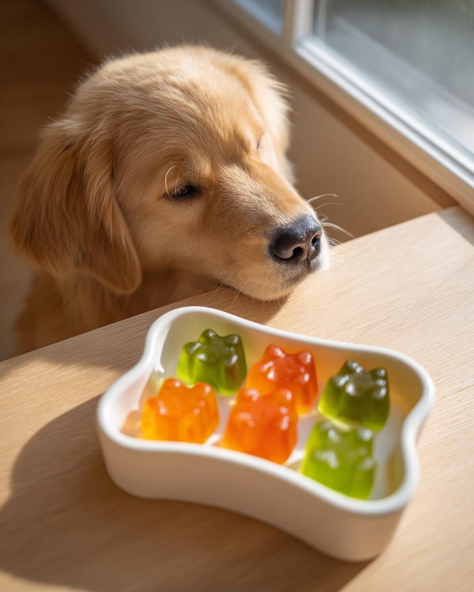A golden retriever looks longingly at a bone-shaped dish holding orange and green Carrot & Spinach Bone Broth Gummies for dogs.