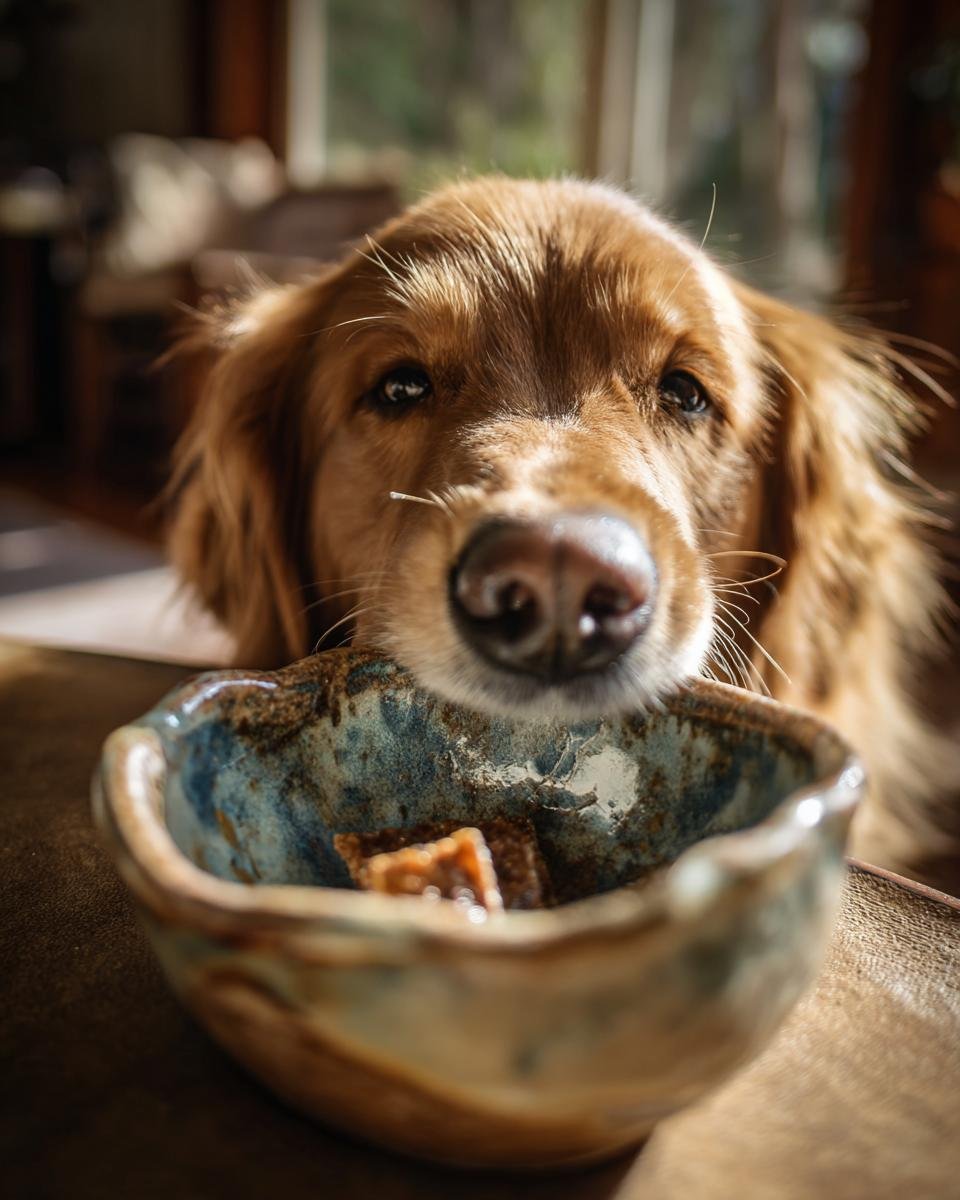 A golden retriever dog eagerly looks down at a small bowl containing pieces of Chicken Broccoli Mini Jerky.