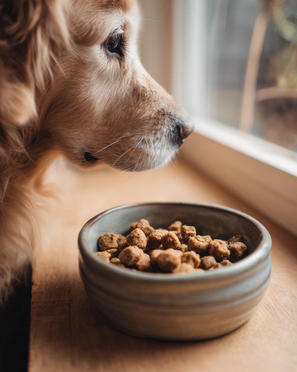 A golden retriever looks longingly at a bowl of Homemade Chicken and Oat High Fiber Kibbles.