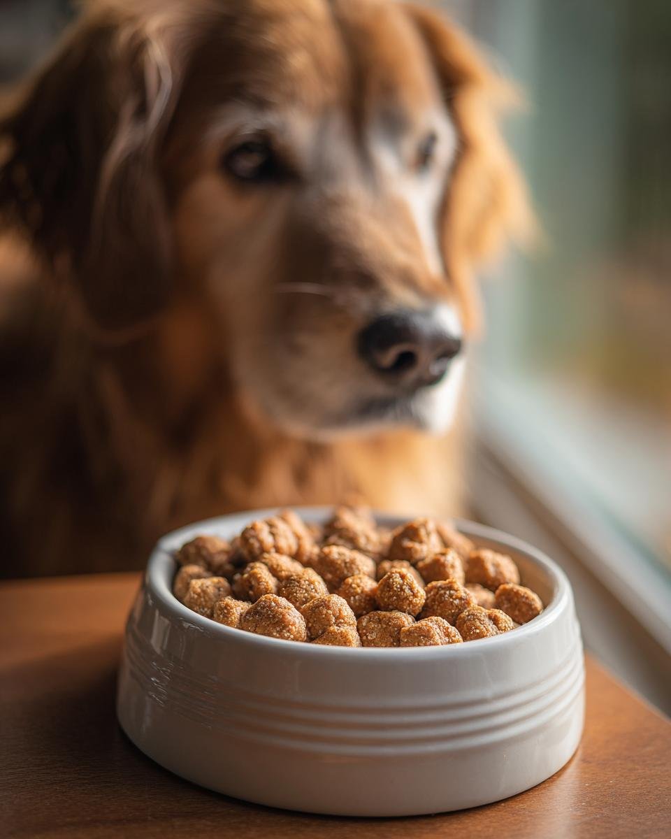 A white bowl filled with Homemade Chicken and Quinoa Energy Kibbles, with a golden retriever looking intently in the background.