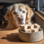 A Golden Retriever looks intently at a bowl of Homemade Chicken and Rice Gentle Tummy Kibbles.