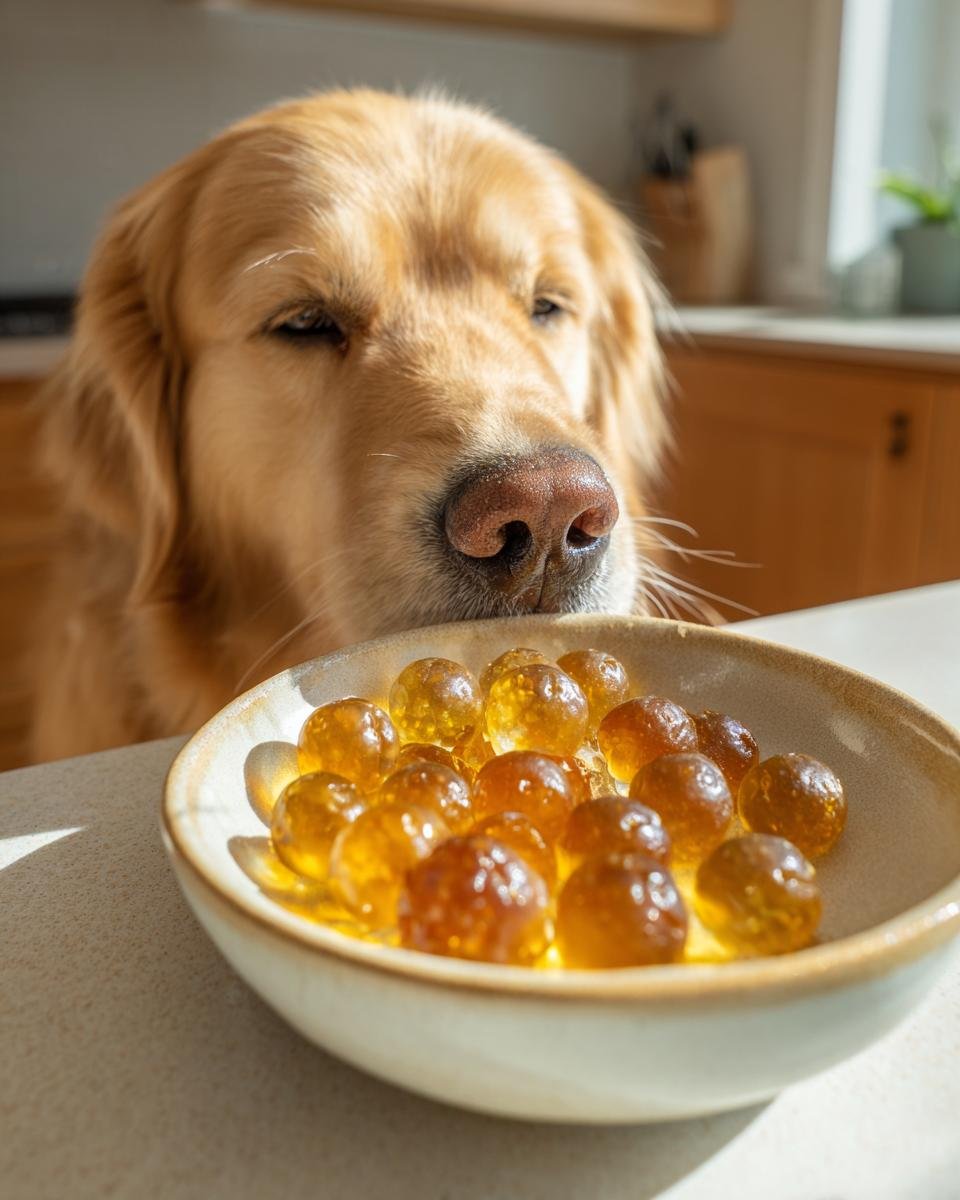 A golden retriever eagerly smells a bowl filled with golden, translucent Cooling Summer Bone Broth Gummies for Dogs.