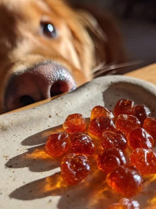 A golden retriever curiously sniffs amber-colored Cooling Summer Bone Broth Gummies on a speckled ceramic dish.
