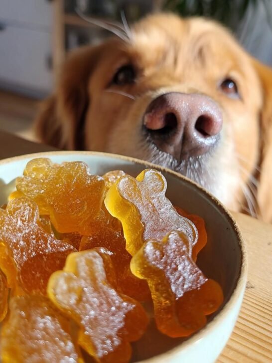 A bowl of amber-colored Superfood Bone Broth Gummy Bones for Dogs with a curious Golden Retriever looking over the table.