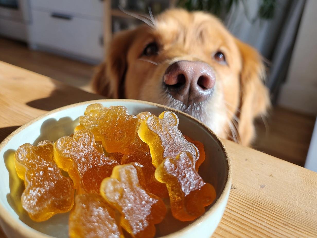 A bowl of amber-colored Superfood Bone Broth Gummy Bones for Dogs with a curious Golden Retriever looking over the table.