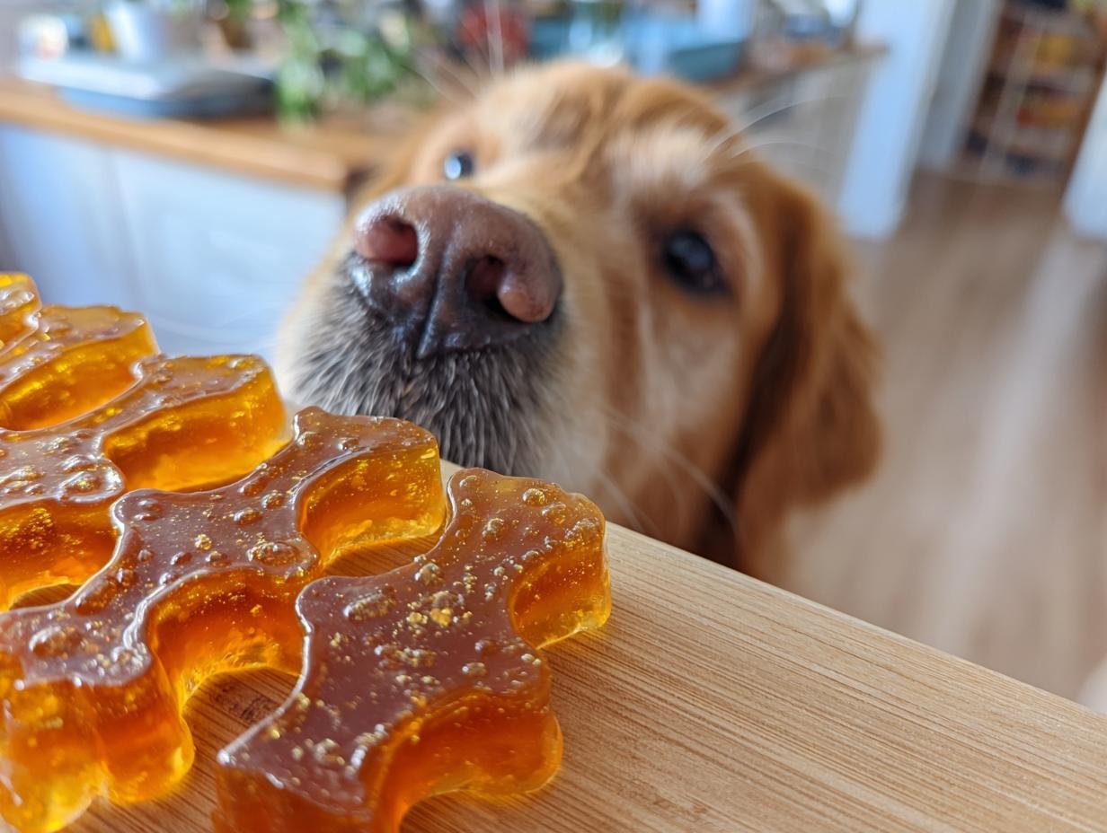 A golden retriever focuses intently on bone-shaped Pumpkin & Apple Bone Broth Gummies on a wooden surface.
