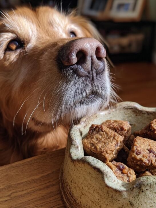 A golden retriever looks eagerly at a bowl of Homemade Oven Baked Turkey and Carrot Kibble Crumbs.