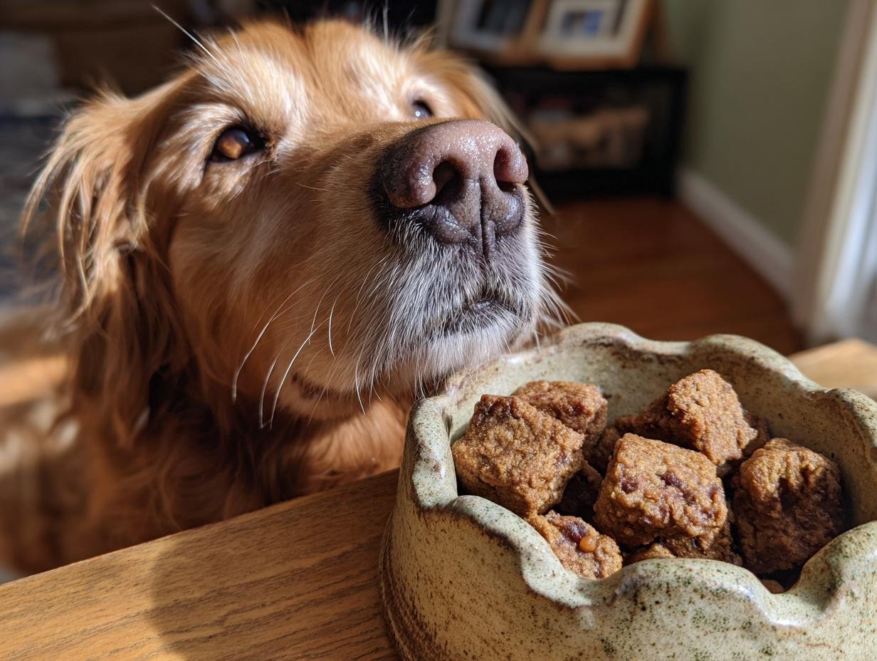 A golden retriever looks eagerly at a bowl of Homemade Oven Baked Turkey and Carrot Kibble Crumbs.