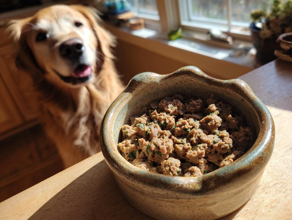 A bowl of Homemade Turkey and Millet Hypoallergenic Kibbles with a happy Golden Retriever looking on in the background.