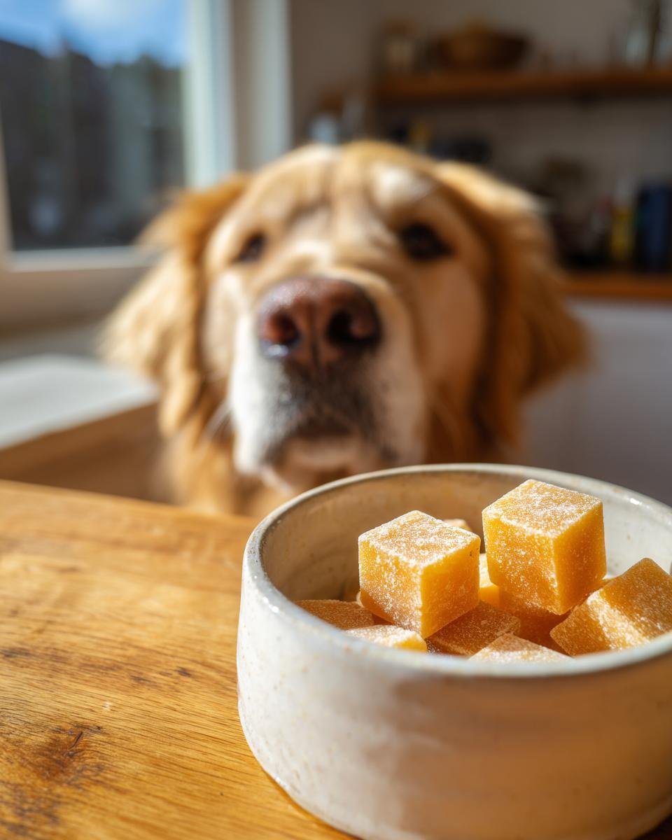 A bowl of yellow Post-Workout Bone Broth Recovery Gummies for dogs sits on a wooden table while a golden retriever looks on eagerly.