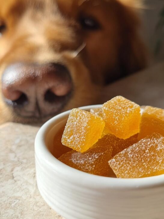 A golden retriever curiously looks at a small bowl of orange Anti-Inflammatory Bone Broth Gummies for Dogs.