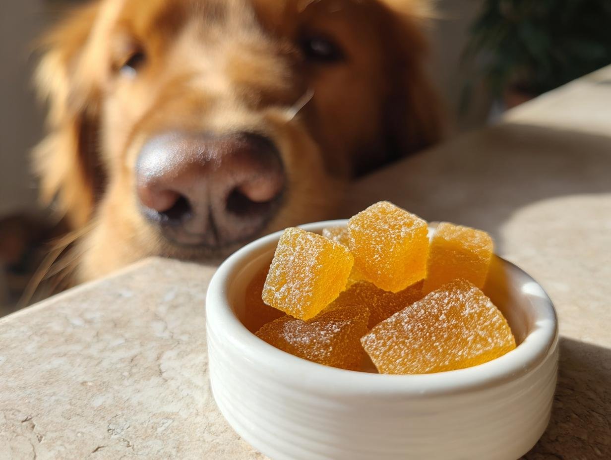 A golden retriever curiously looks at a small bowl of orange Anti-Inflammatory Bone Broth Gummies for Dogs.