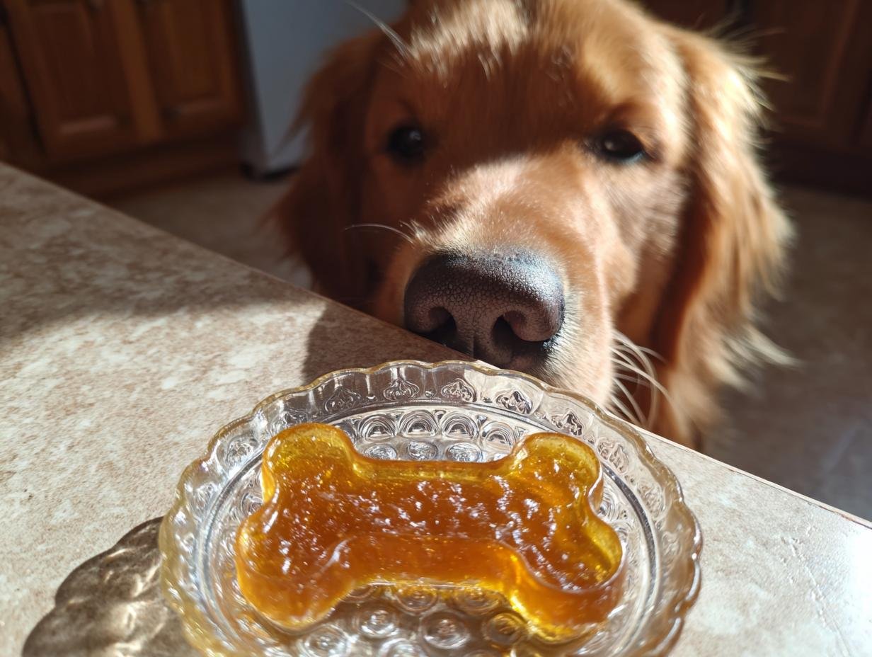 A golden retriever eagerly looks down at a single bone-shaped Ultimate Healthy Bone Broth Gummies for Dogs.