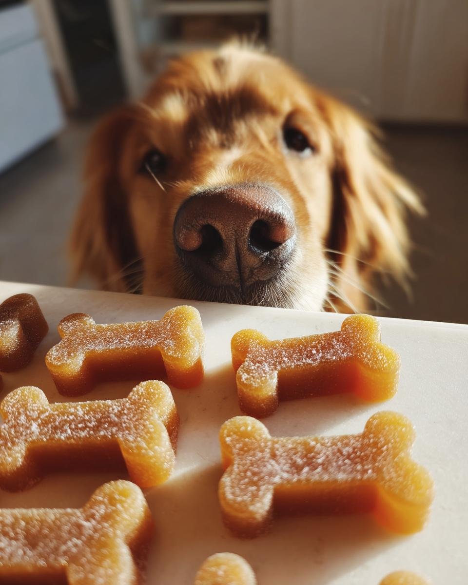 A golden retriever leans in curiously toward bone-shaped High-Collagen Bone Broth Gummy Bones.