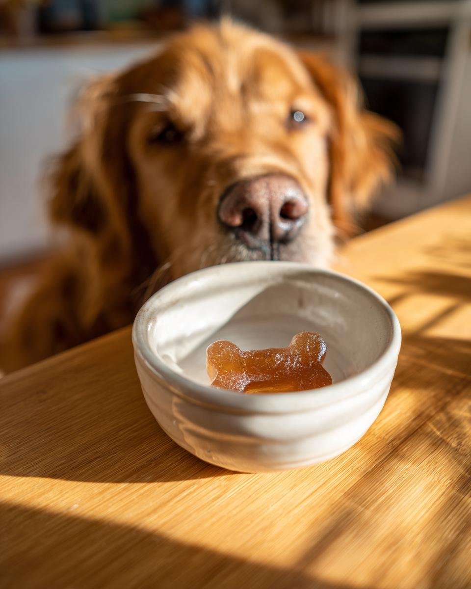 A single bone-shaped Grain-Free Bone Broth Gummy Bone sits in a small white bowl, watched intently by a focused Golden Retriever.