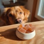 A bowl of bone broth electrolyte gummies for dogs sits on a wooden table while a curious Golden Retriever looks on.