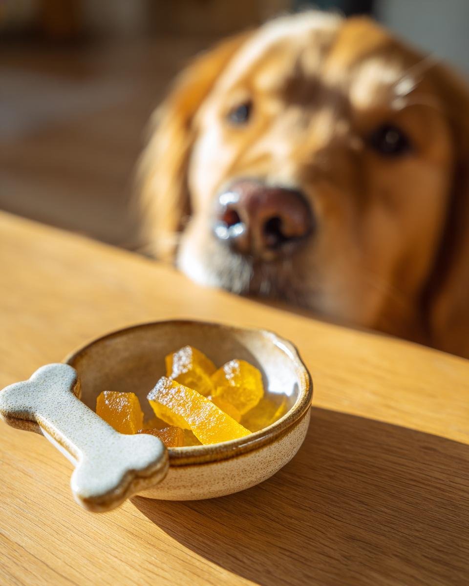 A golden retriever looks eagerly at a bowl of yellow Natural Joint Care Bone Broth Gummies for Dogs.
