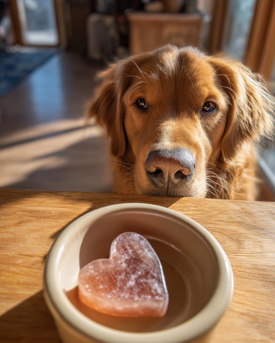 A golden retriever looks intently at a heart-shaped Homemade Multivitamin Bone Broth Gummies treat in a small bowl.