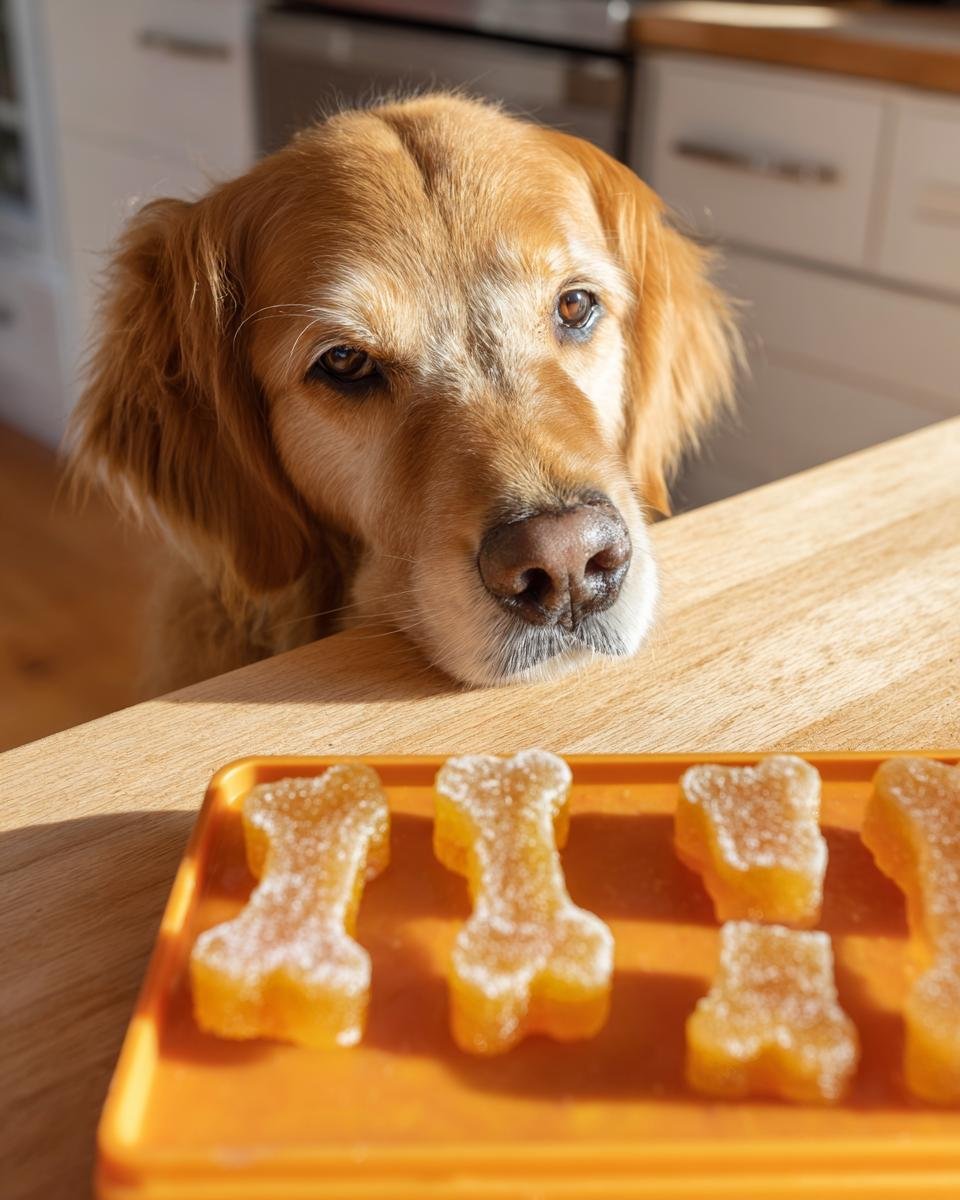 A golden retriever looks intently at bone-shaped Pumpkin & Apple Bone Broth Gummies on a wooden counter.