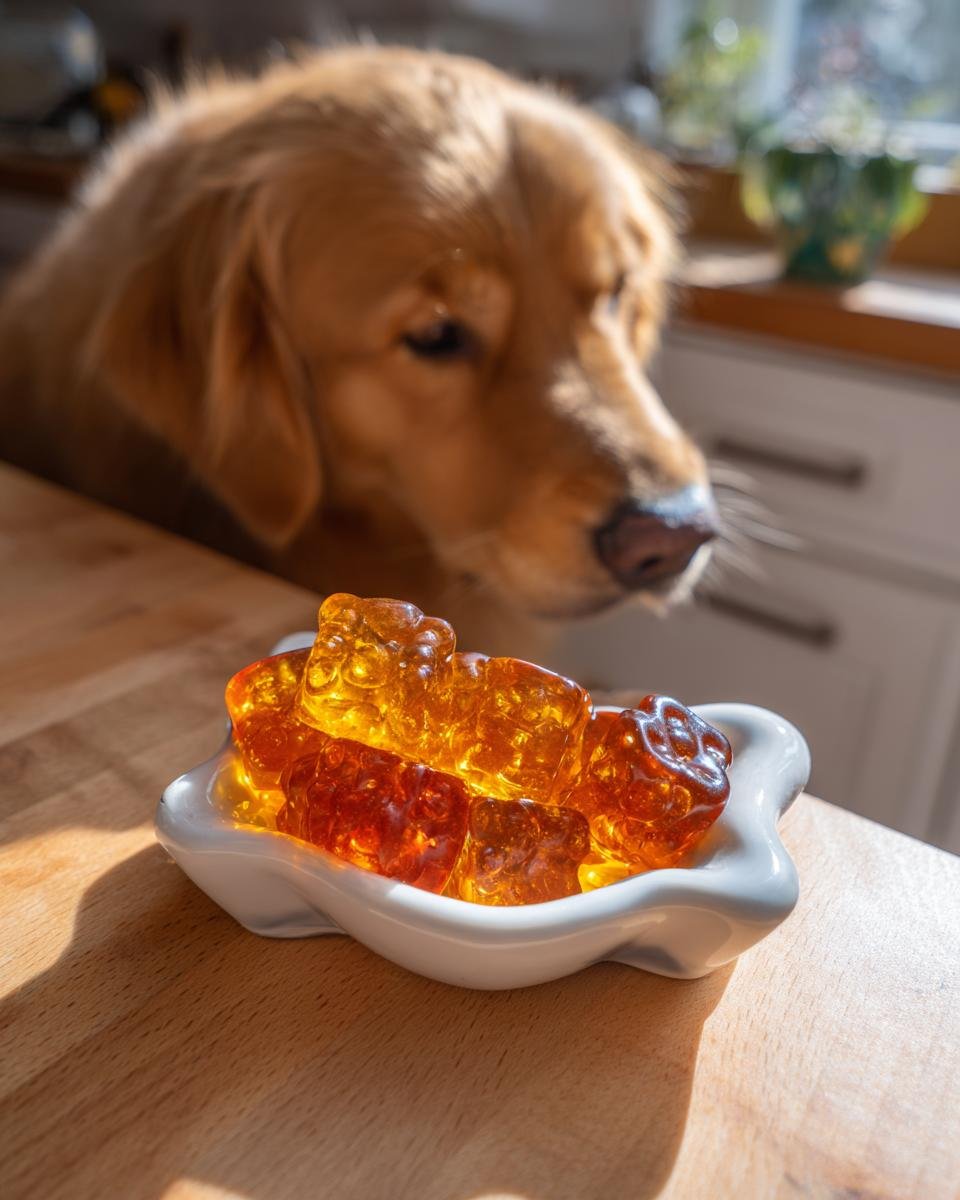 A golden retriever looks intently at amber-colored Turkey Bone Broth Calming Gummies in a small white dish.