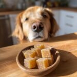 A bowl of homemade Farm-Style Bone Broth Gummies for Dogs sits on a wooden counter as a curious Golden Retriever looks on.