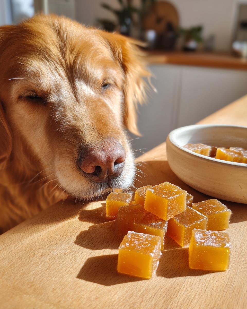 A golden retriever curiously smells homemade Farm-Style Bone Broth Gummies for Dogs on a wooden table.