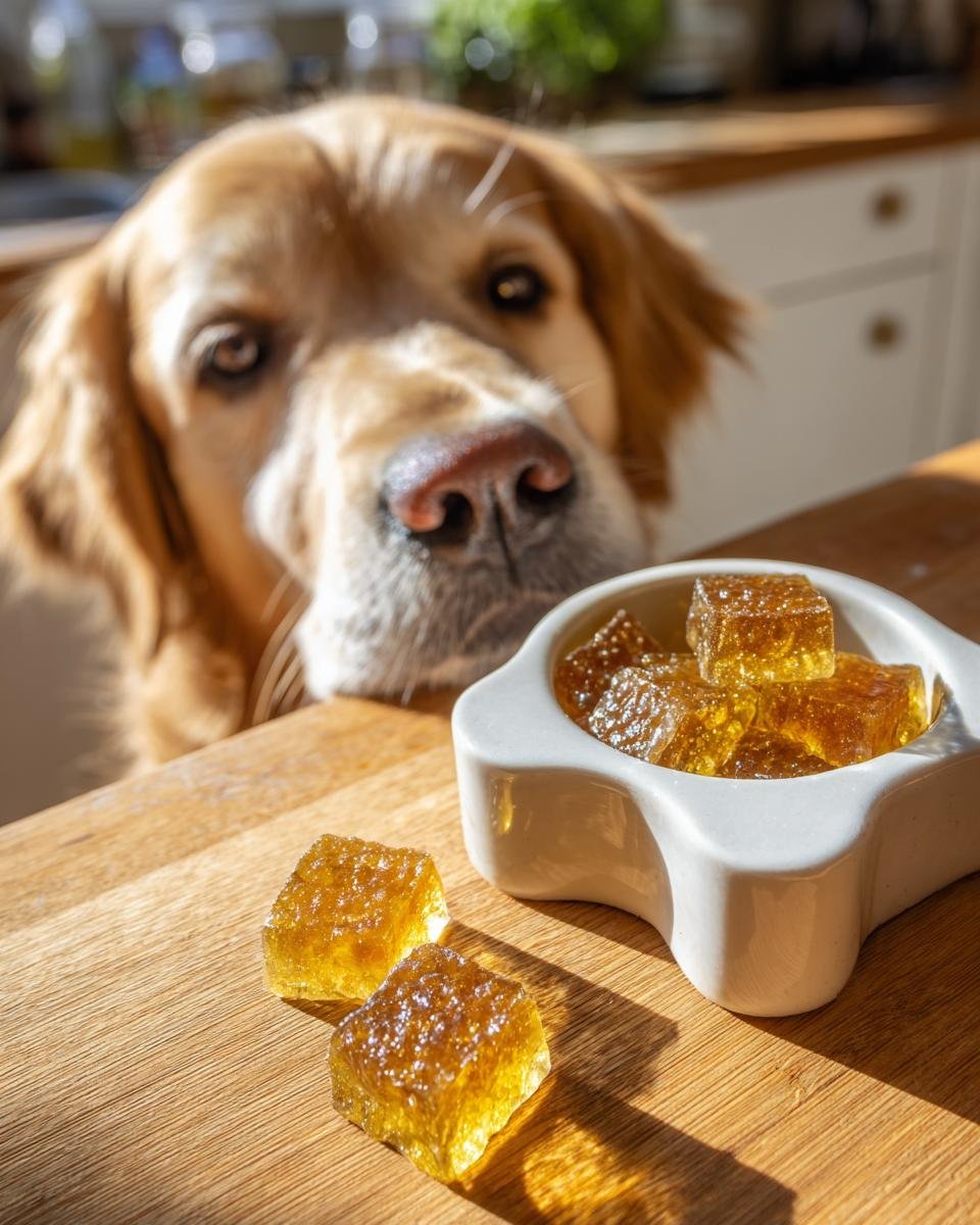 A curious Golden Retriever looks intently at a bowl of amber Farm-Style Bone Broth Gummies for Dogs.