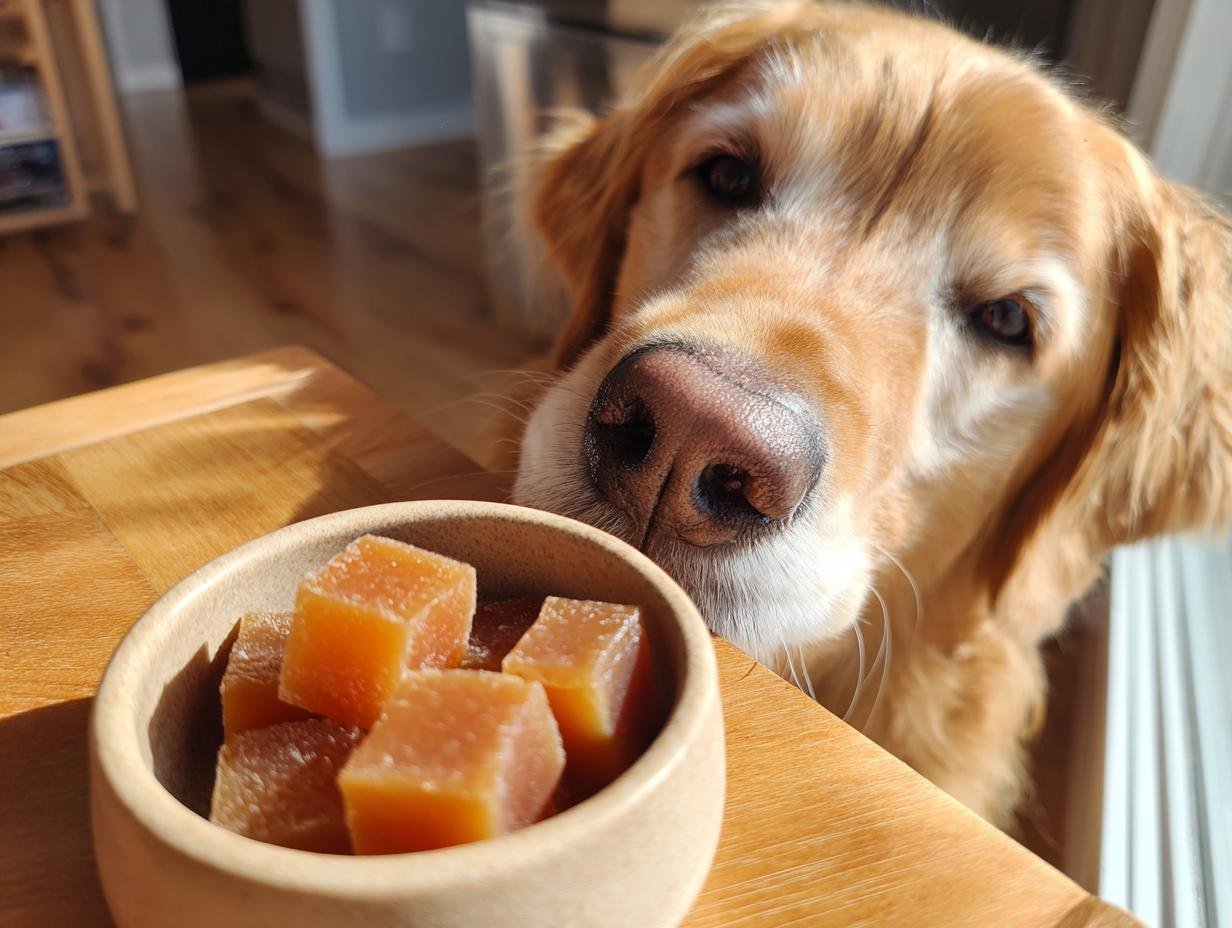 A curious Golden Retriever looks intently at a small bowl of orange Farm-Style Bone Broth Gummies for Dogs.