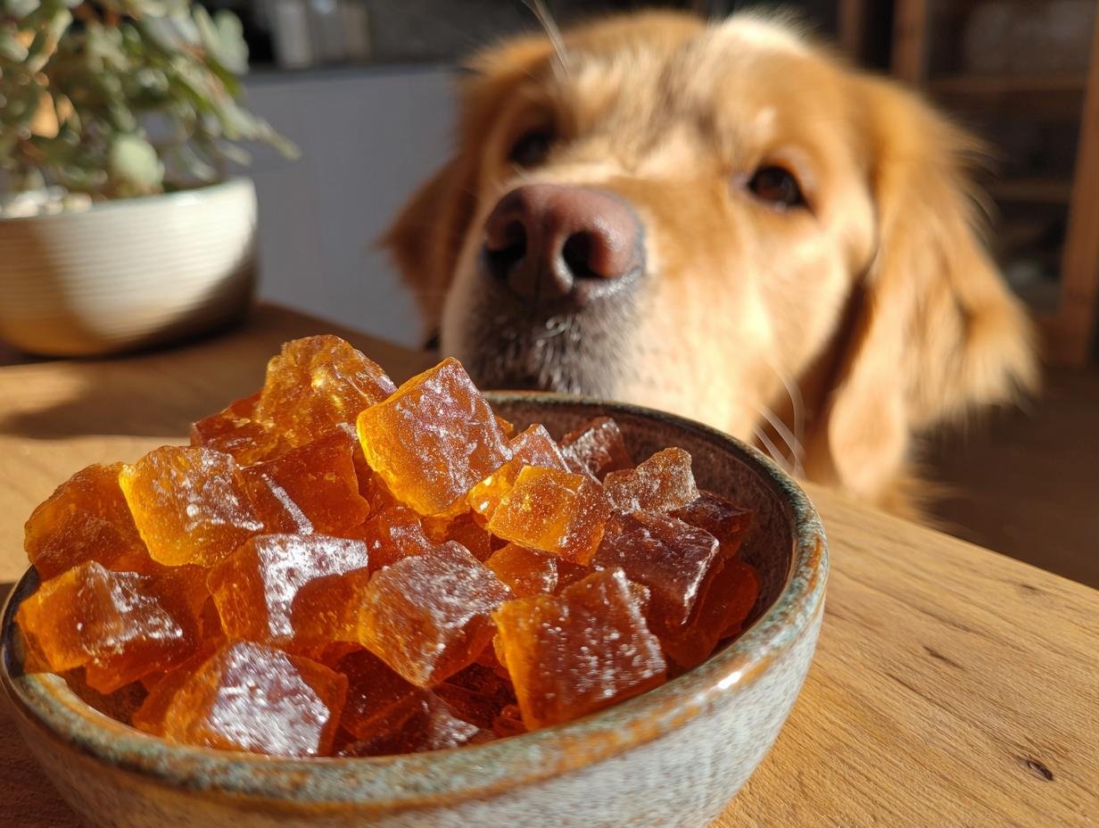 A bowl full of amber-colored Gentle Stomach Bone Broth Gummies for Dogs with a curious Golden Retriever looking over them.